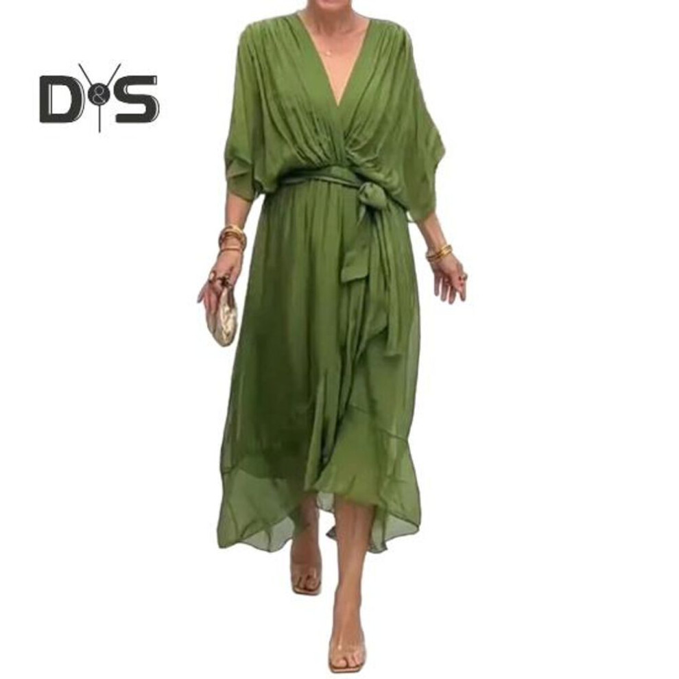 (army green, 2XL) Evening Dress Bat Sleeves Irregular Ruffle Hem V Neck Lace-up Waist Pleated Solid Color Midi Dress Thin Fabric Prom Party Dress