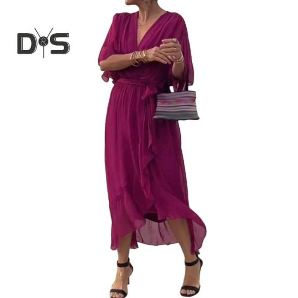 (purplish red, 2XL) Evening Dress Bat Sleeves Irregular Ruffle Hem V Neck Lace-up Waist Pleated Solid Color Midi Dress Thin Fabric Prom Party Dress