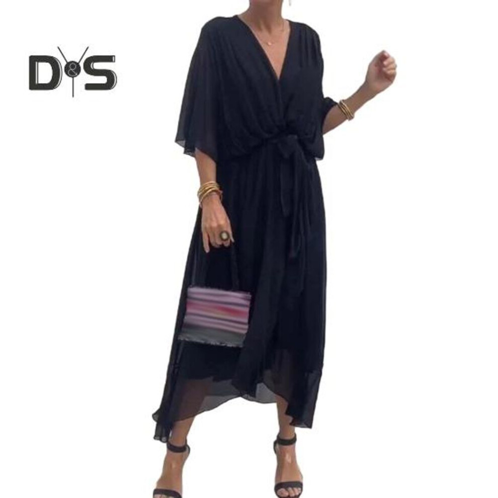 (black, 2XL) Evening Dress Bat Sleeves Irregular Ruffle Hem V Neck Lace-up Waist Pleated Solid Color Midi Dress Thin Fabric Prom Party Dress