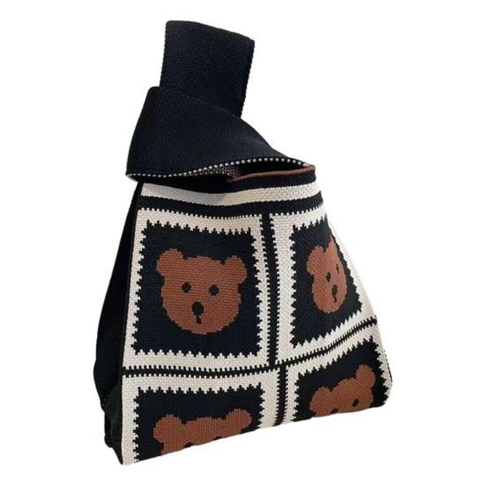 (black, Bear) Women Wrist Handbag Cartoon Bear Rose Pattern Aesthetic Crochet Knit Tote Bag Wristlet Bag Sleeve Knot Pouch