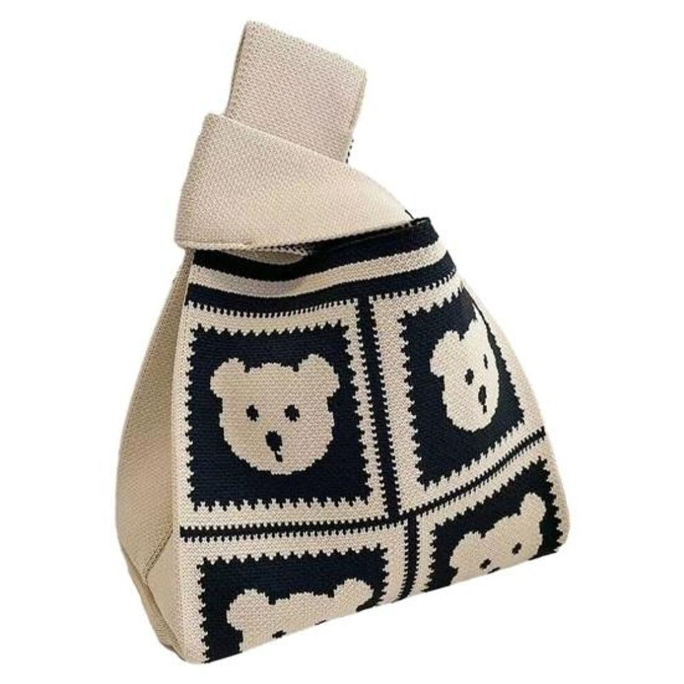 (beige, Bear) Women Wrist Handbag Cartoon Bear Rose Pattern Aesthetic Crochet Knit Tote Bag Wristlet Bag Sleeve Knot Pouch