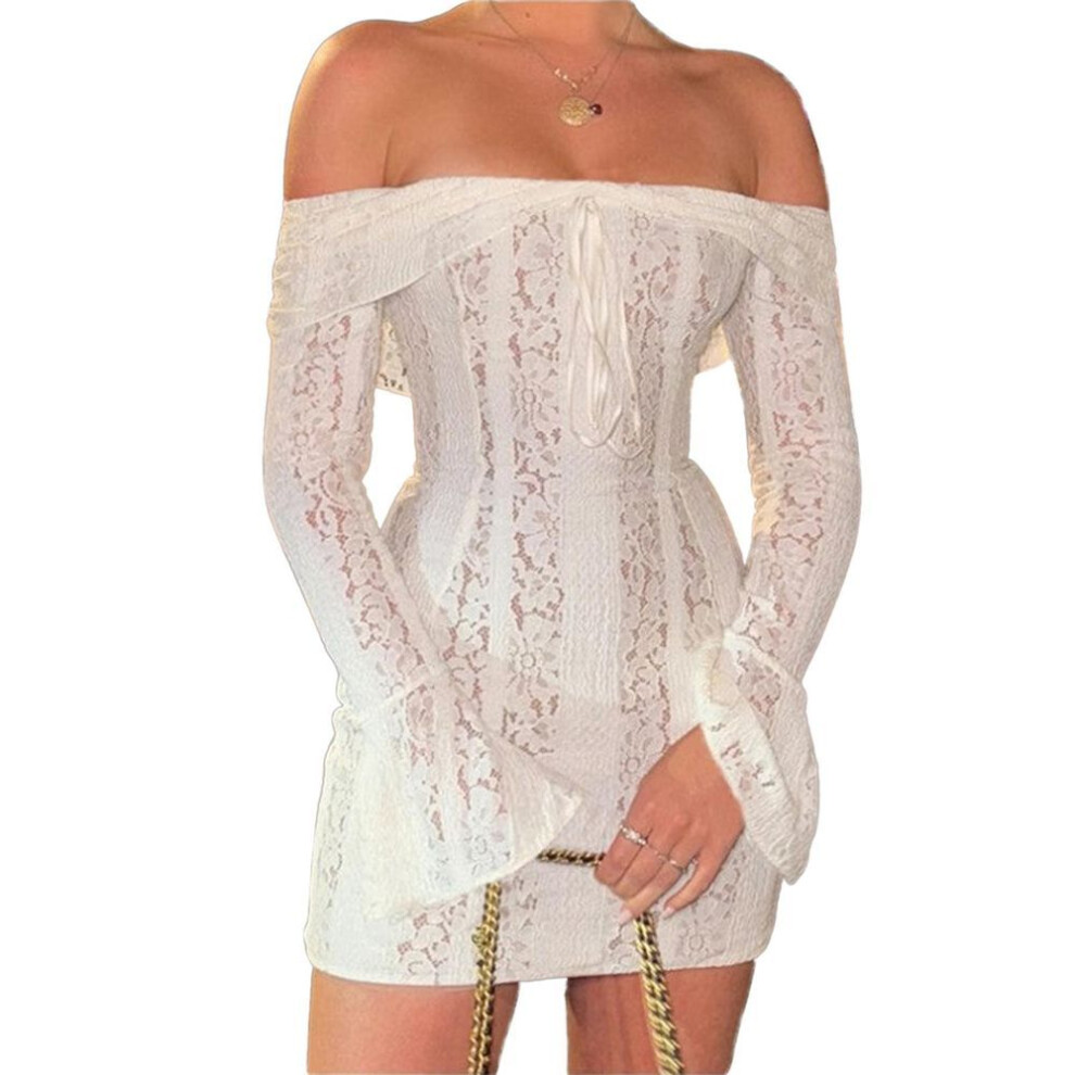(white, L) Women Off Shoulder Lace Dress Floral Pattern Bow Ruched Boat Neck Long Sleeve Slim Fit Short Dresses
