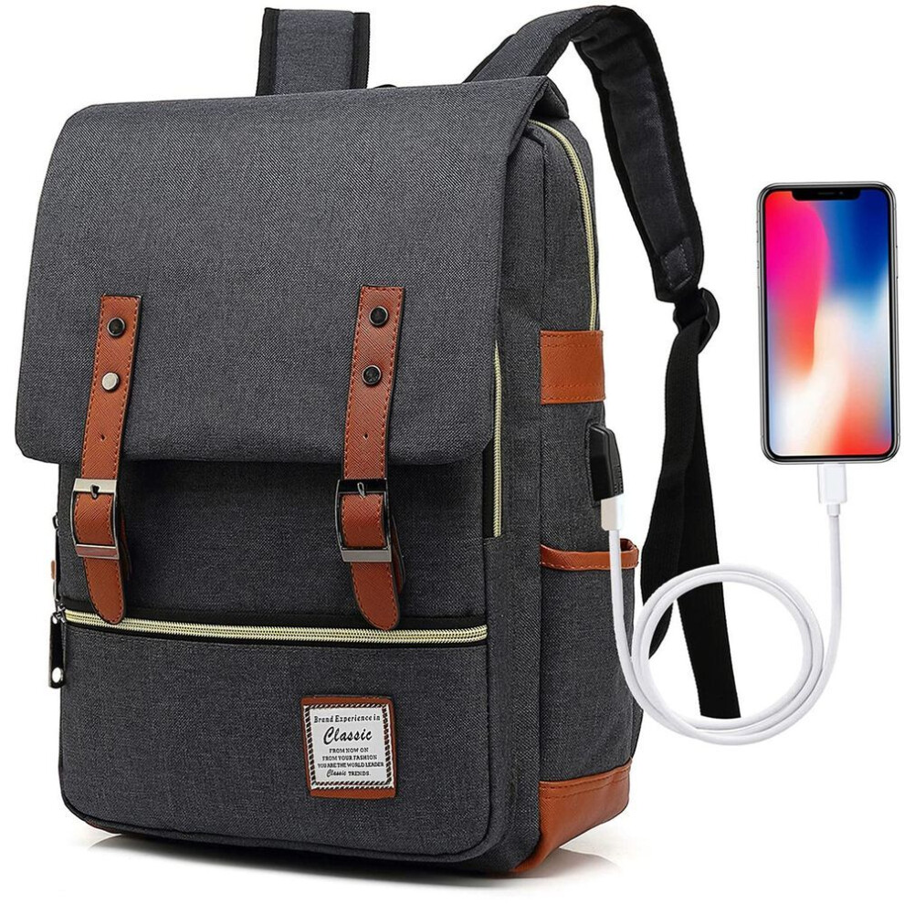 (grey) Vintage Laptop Backpack With Usb Charging Port, Water Resistant Travelling Backpacks College Bag For Men Women, Fits Up To 15.6inch Laptop