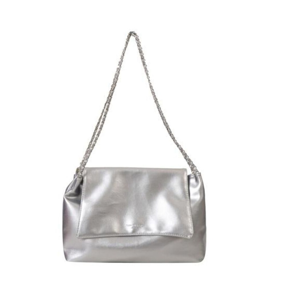 (silver) Women Shoulder Bag Smooth Surface Faux Leather Large Capacity Chain Braided Strap Solid Color Portable Magnetic Buckle Zipper Closure Commute