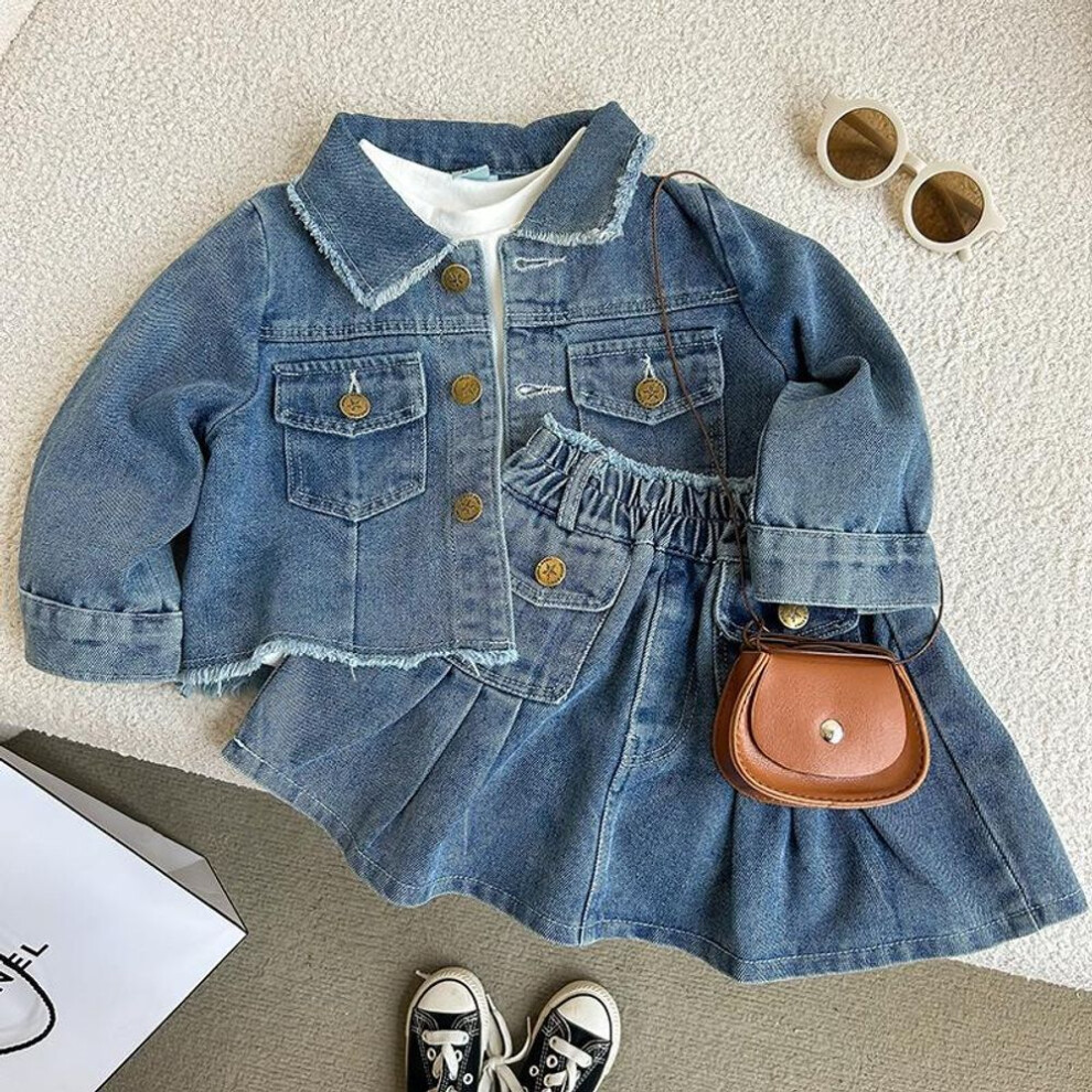 (blue, 120cm) Spring Summer Girl's Denim Set with Retro Lapel Long Sleeved Denim Jacket+pleated Skirt Cover Girl's Two-piece Set