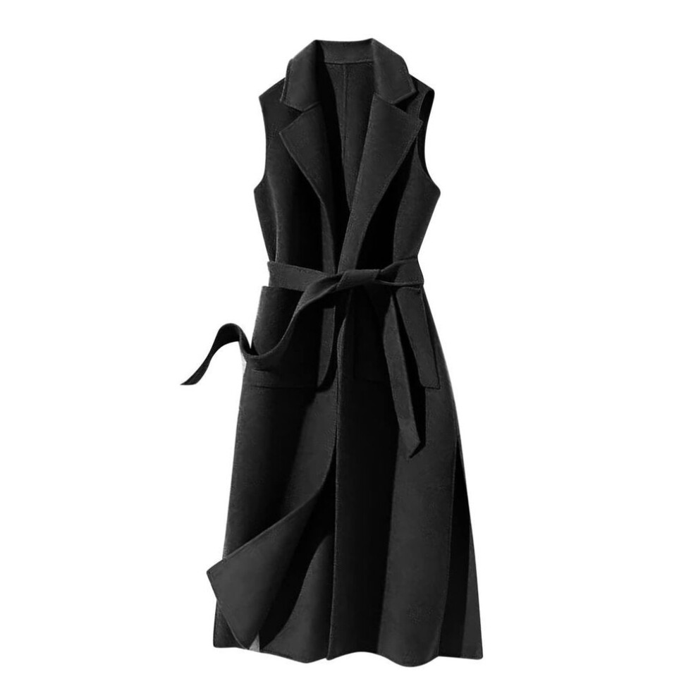 (black, XL) Women Solid Color Sleeveless Short Single-breasted Double-Pocket Woolen Jacket
