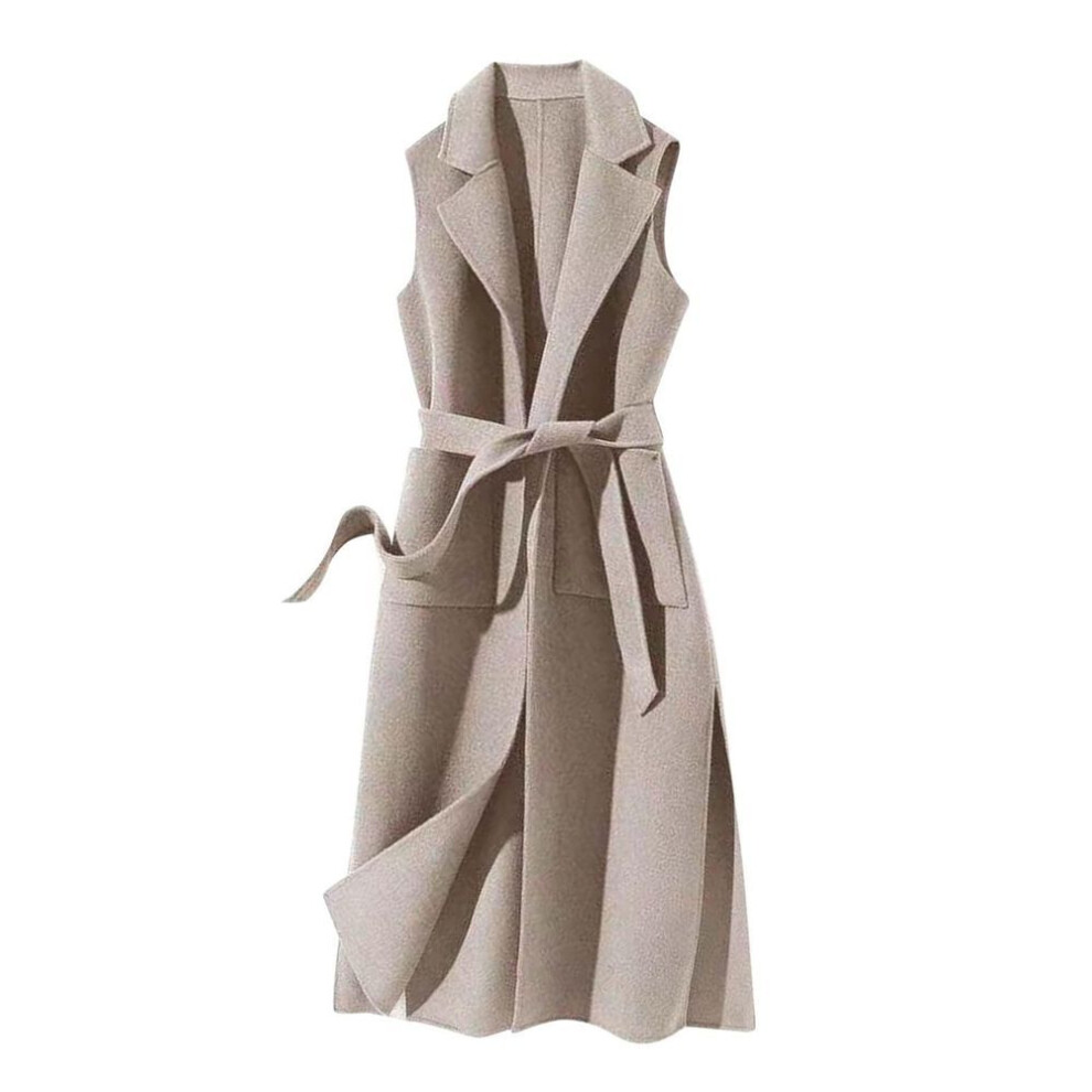 (beige, S) Women Solid Color Sleeveless Short Single-breasted Double-Pocket Woolen Jacket