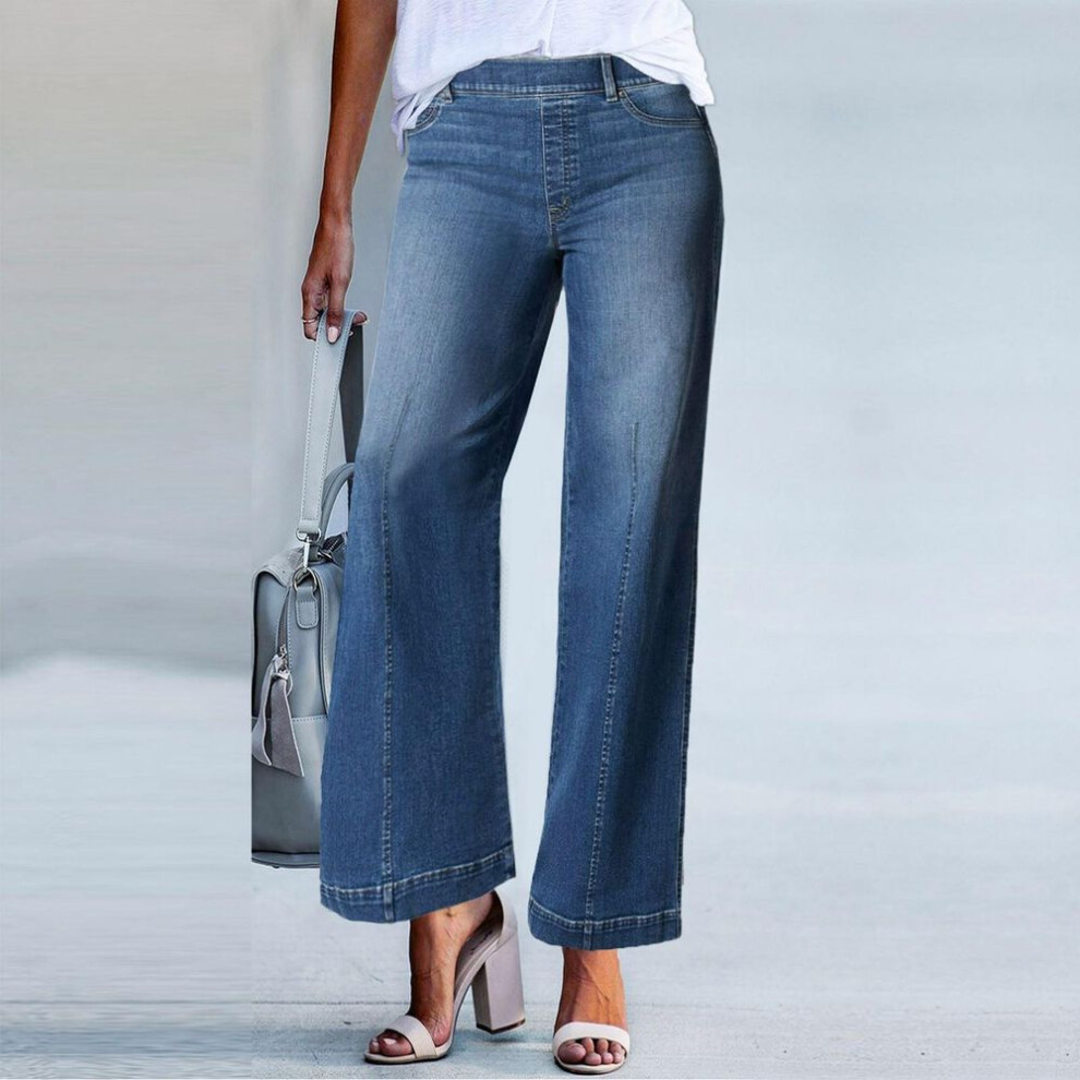 (blue, M) Women Seamed Front Wide Leg Jeans Elastic Waist Stretch Denim Flare Jeans High Waisted Jean Bell Bottom Cropped Pants
