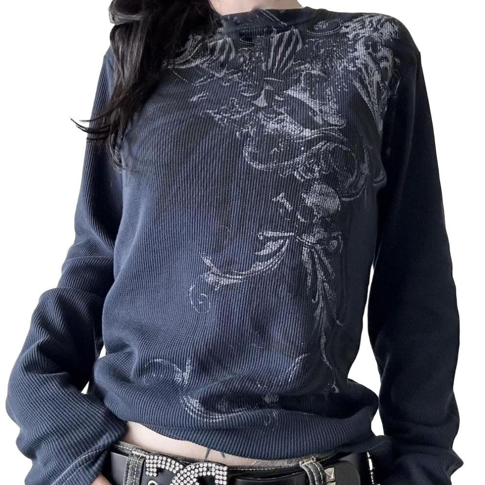 (M, navy) Women T-shirt, Long Sleeve Crew Neck Vintage Printed Ladies Fall Tops Streetwear