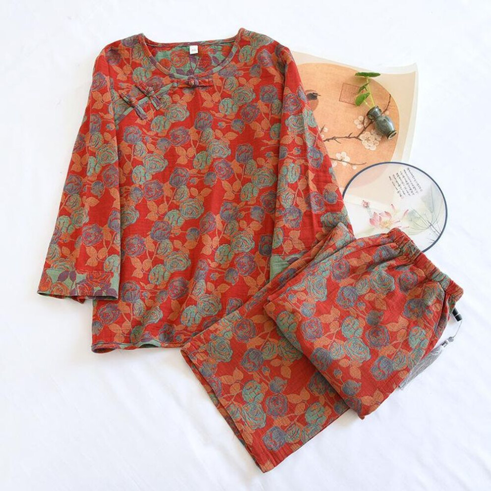 (L, red) Spring/Summer New Women's Pajama Set 100% Cotton Jacquard Retro Pan Button Home Furnishing Long Sleeved Pants Two Piece Set