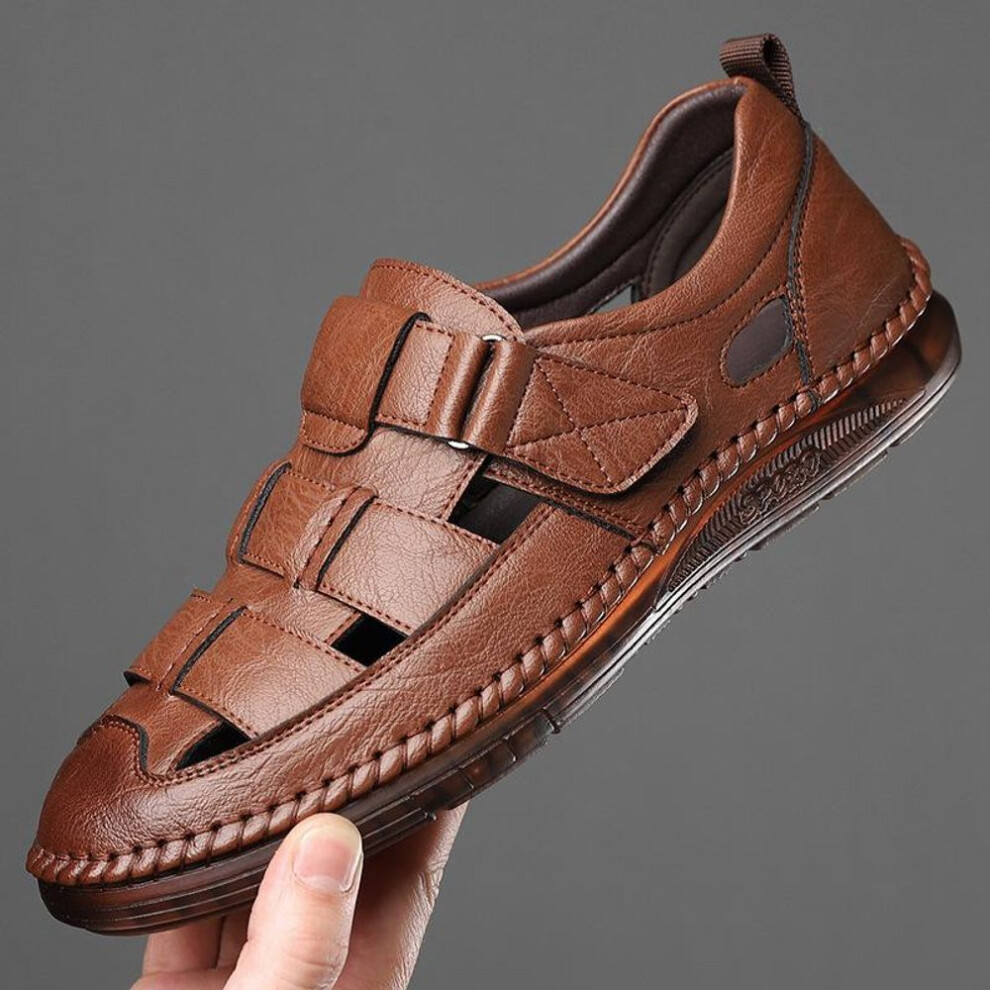 (brown, 41) Men's 2024 Summer Genuine Leather Closed-Toe Sandals - Breathable Cowhide Soft Sole for Middle-Aged Dads