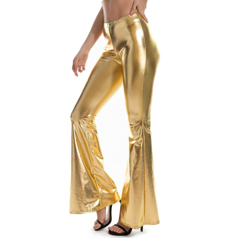 (yellow, L) Womens Shinny Metallic Pants High Waist Stretchy Flare Pants Wide Leg Yoga Palazzo Trousers For Dancewear Nightclub