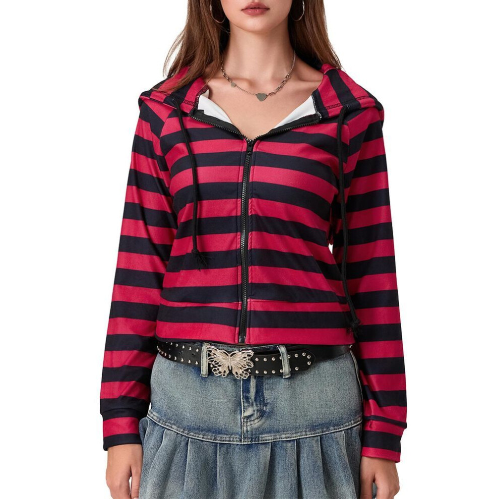 (M, red) Women Striped Zip Up Hoodie Contrast Color Raglan Long Sleeve Fall Sweatshirt Jacket