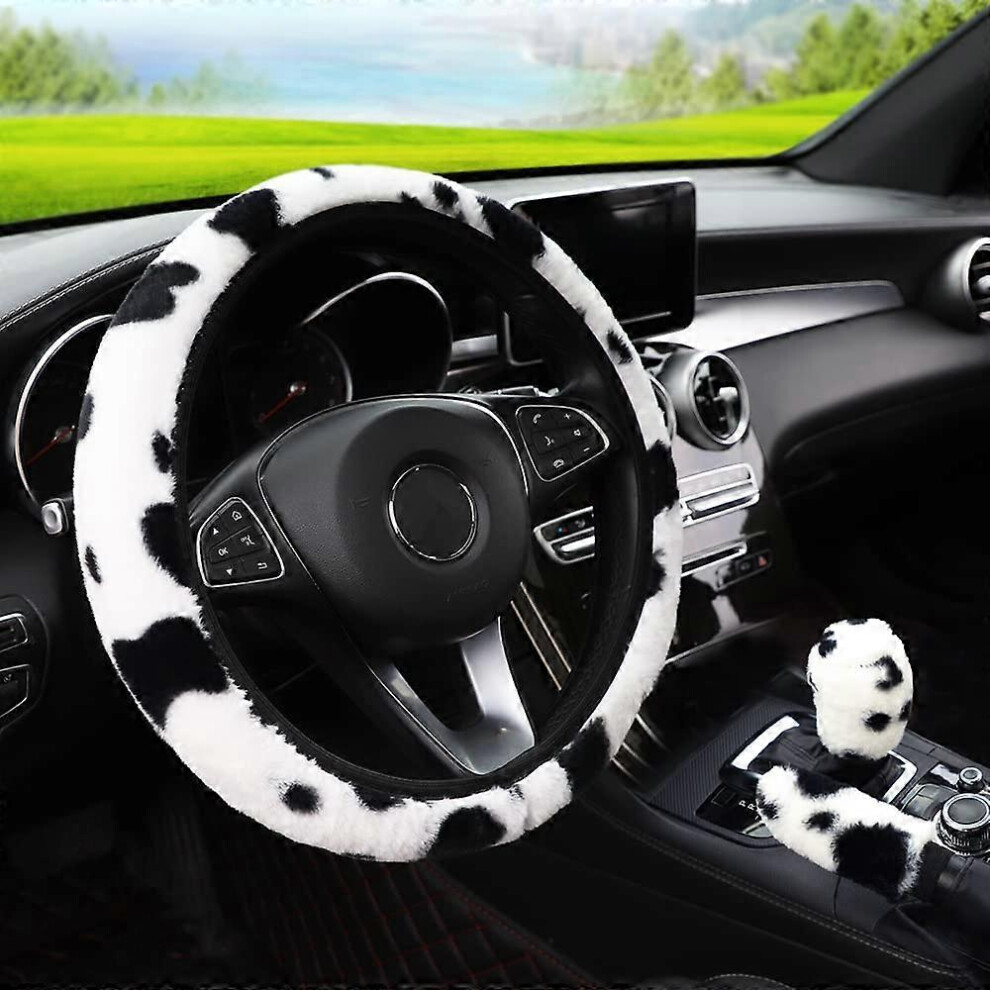 (As Show, One Size) 3 Pieces Universal Plush Car Steering Wheel Cover Handbrake Gear Steering Wheel Cover Steering Wheel Cover Winter Warm Car Accesso 4909775493986