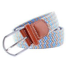 (As show, One size) 41 * 1.3 Inch Unisex Elastic Fabric Braided Stretch Belt Casual Men Women Waist Belt with PU Leather Buckle,beige+blue