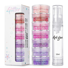(As show, One size) 7 Colors Face Glitter - Pink Purple Cosmetic Glitter Chunky Glitter - Face Glitter Festival Hair Glitter with Glue for Body, Hair, Nails, Stage,Party