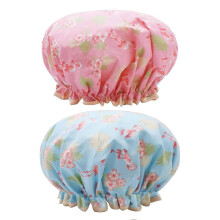 (As show, One size) 2 Pcs Bath Caps Elastic Band Double Layers Waterproof Shower Caps With Ruffled Edge Covering Ears Keeping Hair Dry Kitchen Oil-proof Cap,flamingo
