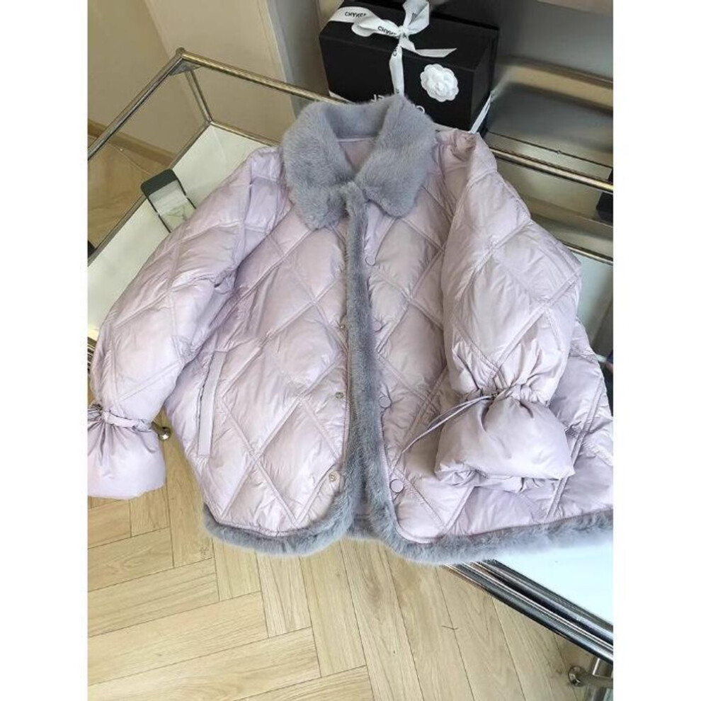 (M) Winter 2024 Korean Lavender Diamond-Patterned Short Down Jacket for Women