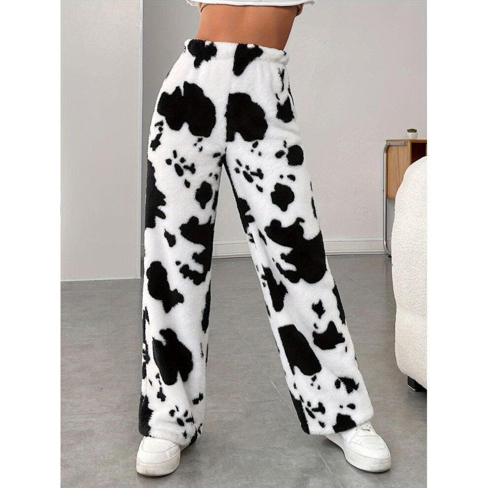 (black,white, XL) 2025 Shien High-Waist Cow Pattern Casual Fur Trousers - Comfortable Autumn/Winter Pants