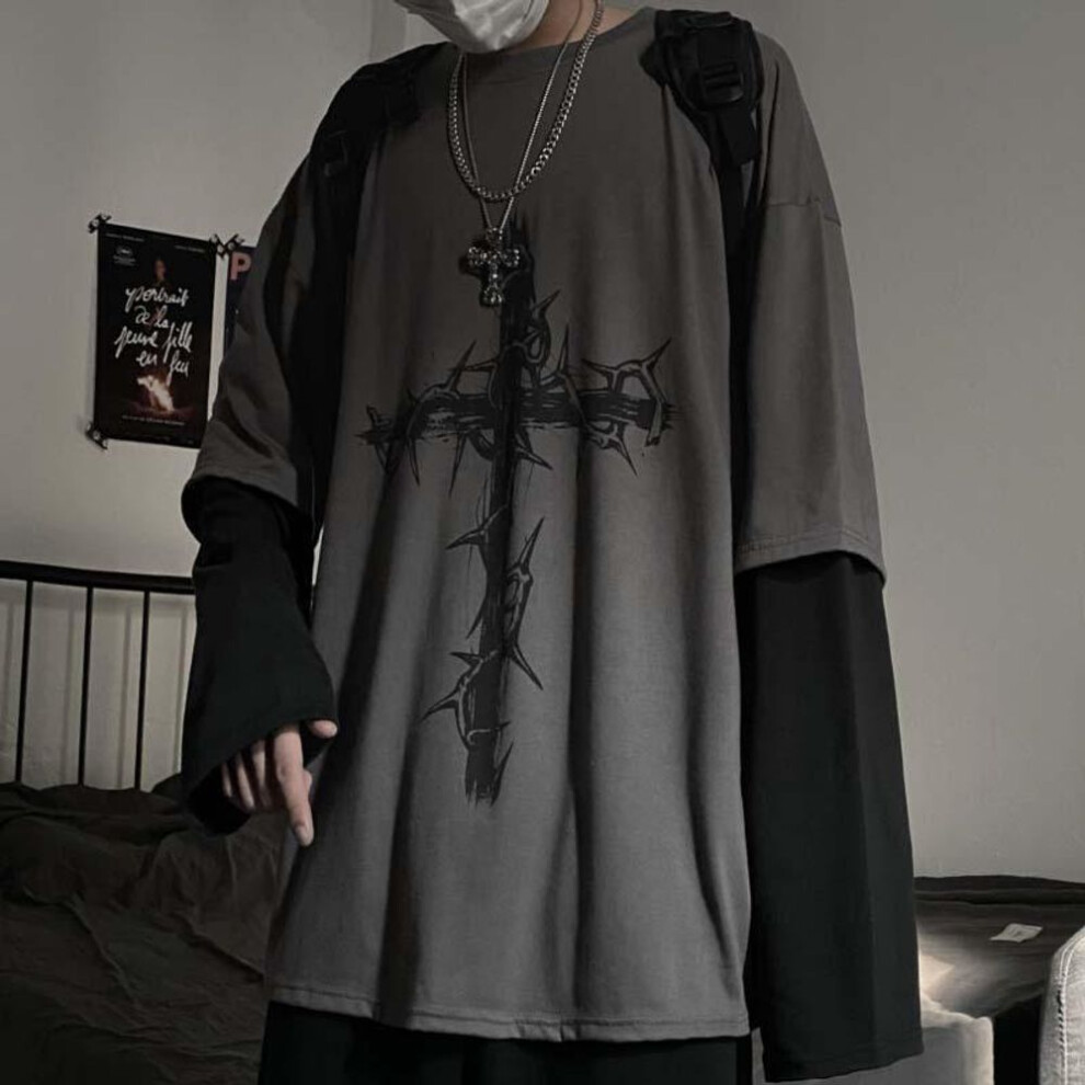 (dark gray, XL) Unisex Hip-hop Cross Print Layered Long-sleeve T-shirt For Spring & Autumn