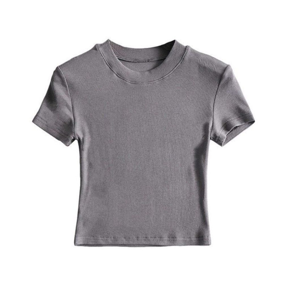 (L, dark gray) Women's Summer Cropped T-Shirt: Sexy Tight-Fit, Short-Sleeve, Half-High Collar Top