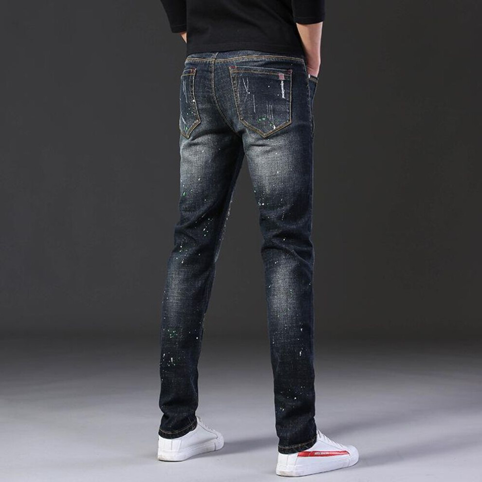 (32 (25 inches) 140 jin) Men's Trendy Hip-Hop Ripped Jeans - Slim, Comfortable, Soft Streetwear for Youth and Boys