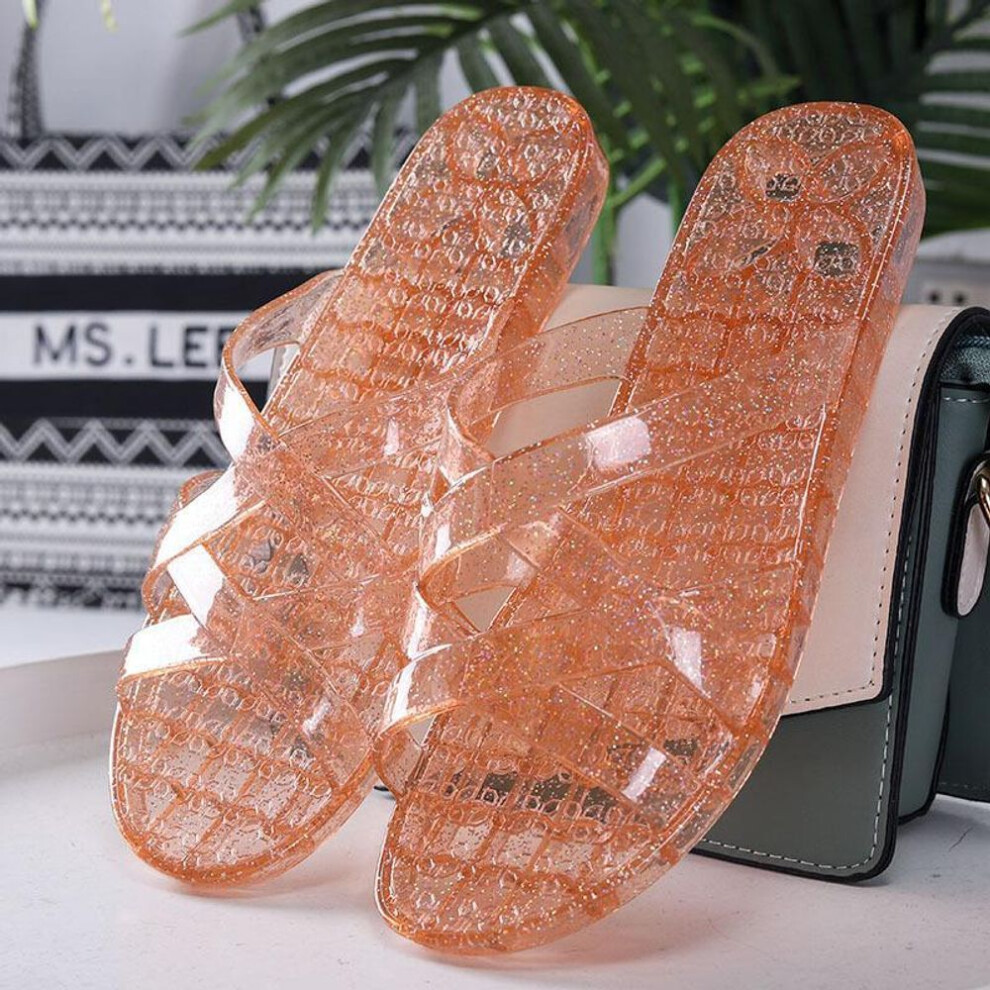 (orange, Size 36) Transparent crystal slippers women's wear flat bottom plastic material non-slip home use bathroom soft bottom solid color mother shoes