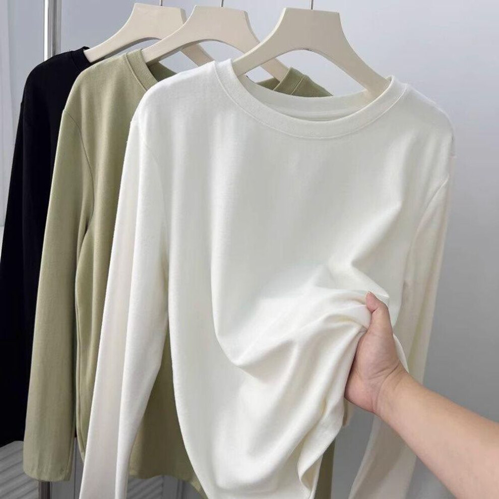 (XL, white) Women's Long-sleeve German Velvet T-shirt: Soft, Solid Color, Thick Layered Top For Spring, Autumn, Winter.