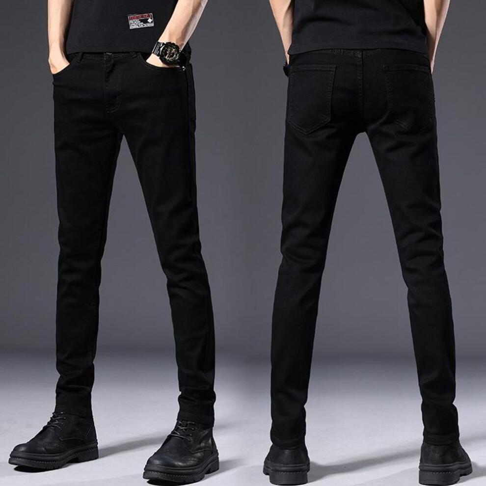 (Size 30 (waist 2'3) 120 kg) Men's Elastic Slim Fit Black Skinny Jeans - Trendy Korean Style Casual Pants