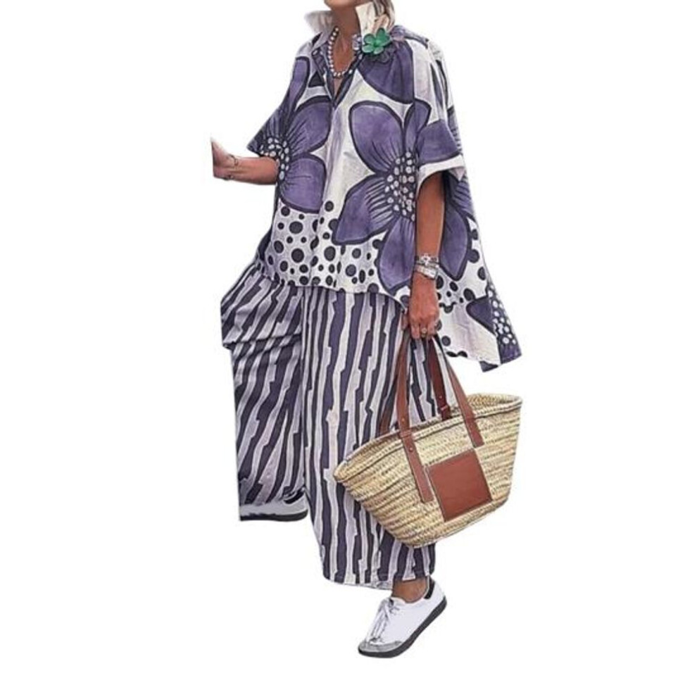 (purple, S) Women's Floral Print Loose Two-Piece Set Lapel Short Sleeve Top Wide Leg Pants Set Summer Casual Boho Streetwear