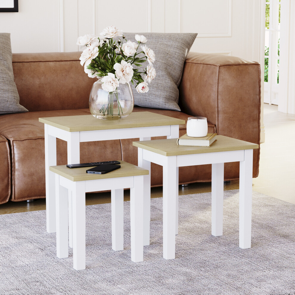 (Oak & White) Vida Designs Yorkshire Nest of 3 Wooden Tables
