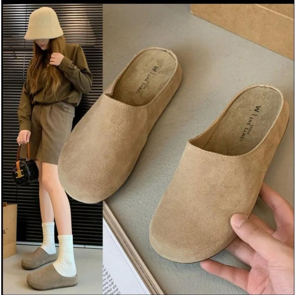 (beige, 40) Women Flats Suede Slippers Casual Slingback Mules Shoes Autumn Designer Cozy New Mules Shoes  Dress Walking