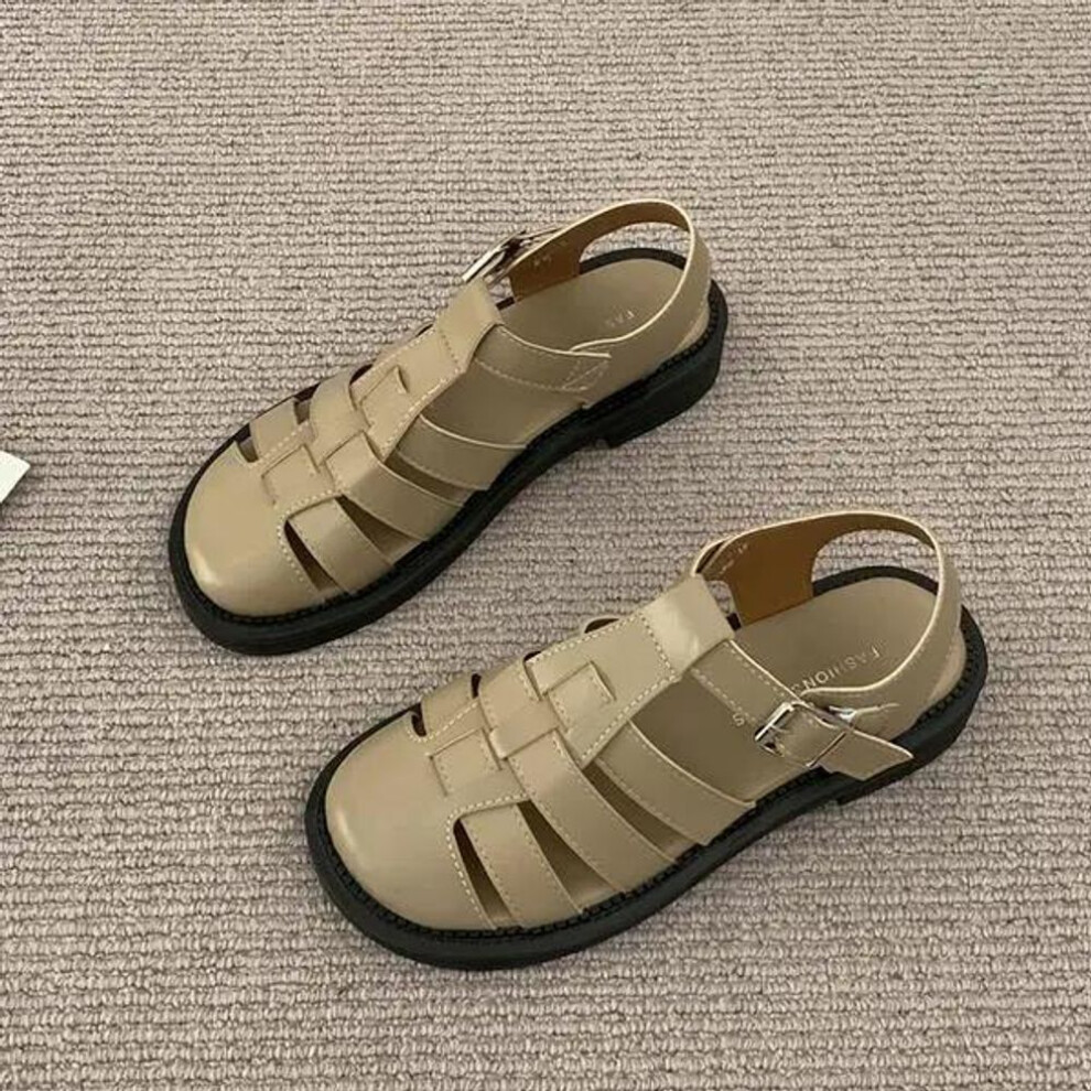 (khaki, 37) Closed Toe Sandals Retro Woman Shoes Summer Heels Original Girls Gladiator Outside Sports  New Low Flat PU Slides Fretwork