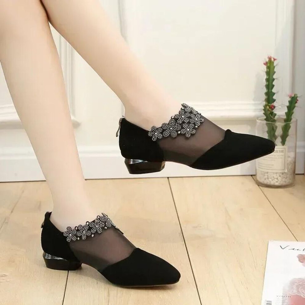 (black, 41) Women  Summer Fashion Black Lace Rhinestone Sandals Flowers Low Heel  Mesh Plus Size Sandalias Mujer Casual Shoes