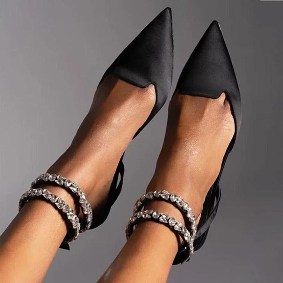 (black, 39) Shiny Crystal Flat Heels Gladiator Sandals   Summer Pointed Toe Pink Party Shoes Woman Plus Size 42 Ankle Straps Pumps