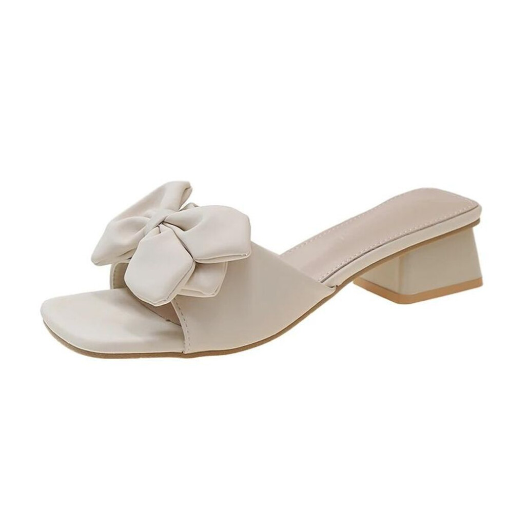 (beige, 37) Metal Buckle Transparent Square Heels Slides Women Peep Toe Mules Cool Summer Slippers Sandals Elegant Shoes