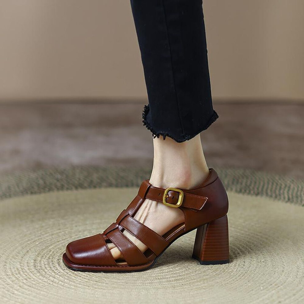 (brown, 35) New Summer French Square Headed High Heels Women's Retro Hollow Out Thick Heels Baotou  Sandals Wholesale