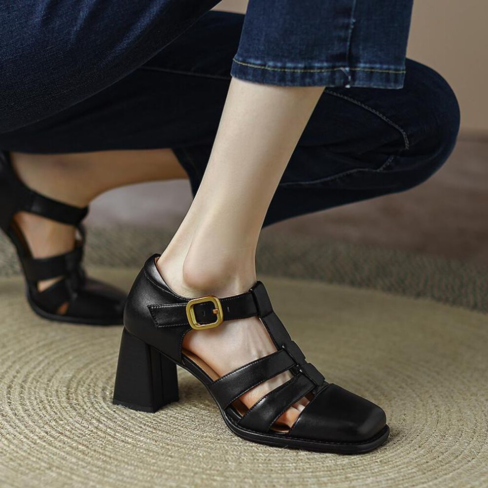 (black, 37) New Summer French Square Headed High Heels Women's Retro Hollow Out Thick Heels Baotou  Sandals Wholesale