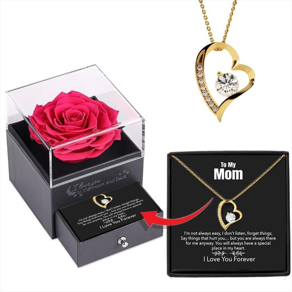 (gold, C card gift box) Mother's Day Jewelry Gift Set: Heart Pendant & Eternal Flower Necklace In Gift Box