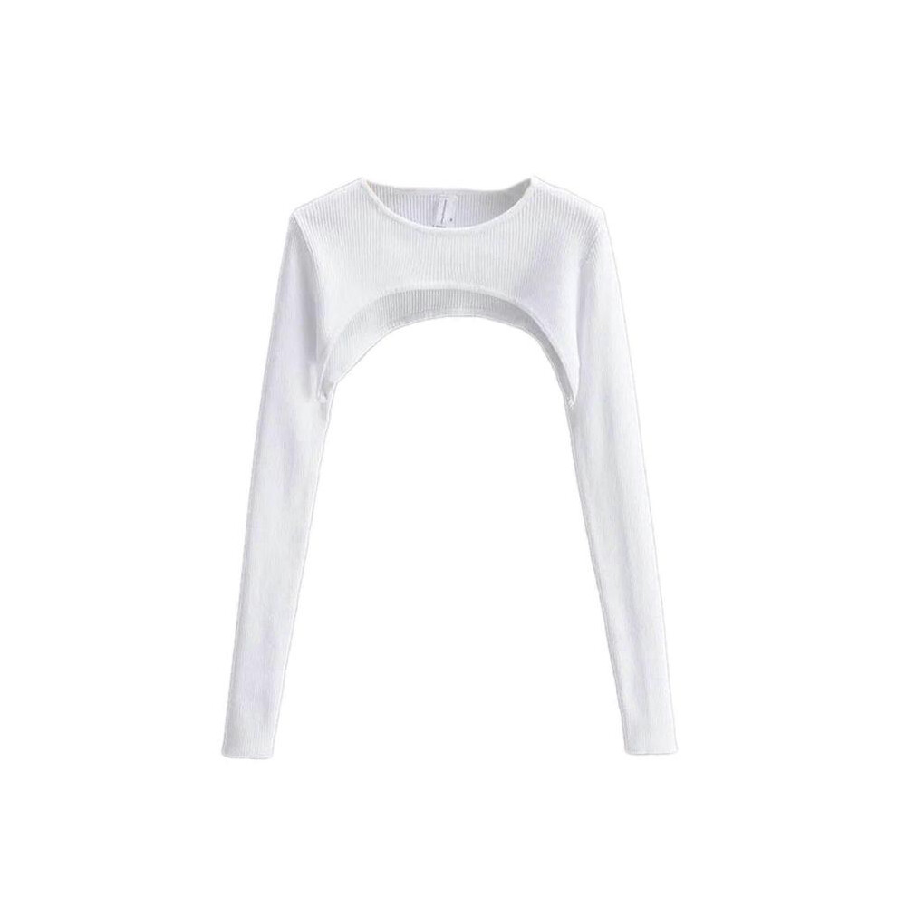 (M, White) Women's Crew Neck Ribbed Crop Top Pullover Long Sleeve Cropped T-Shirt Casual Boleros Shurgs Streetwear  White S