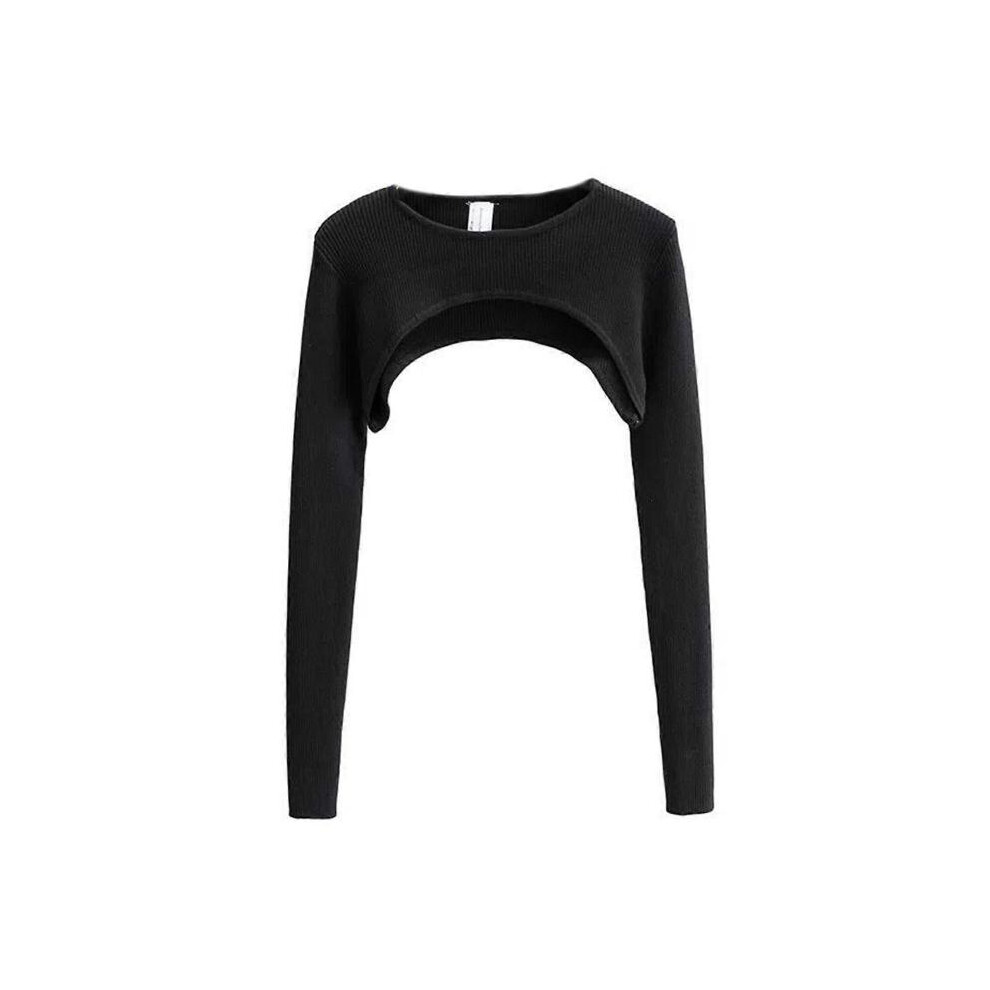 (L, Black) Women's Crew Neck Ribbed Crop Top Pullover Long Sleeve Cropped T-Shirt Casual Boleros Shurgs Streetwear  White S
