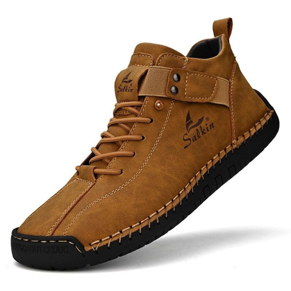 (brown, 44) Winter New Men's Low-top Ankle Boots High Quality Hand-stitched Hook&loop Leather Casual Sneakers Classic Man Shoes Plus Size 48