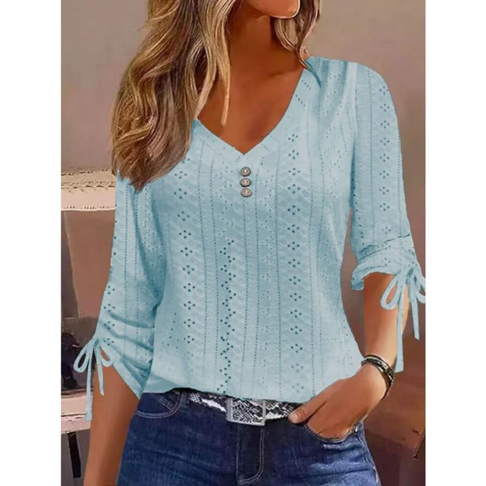 (2XL, blue) Solid Lace Shirt Tops For women Clothing 2025 Spring Winter Basic Korean White Blouse Vintage Female Clothes Pullover Tees