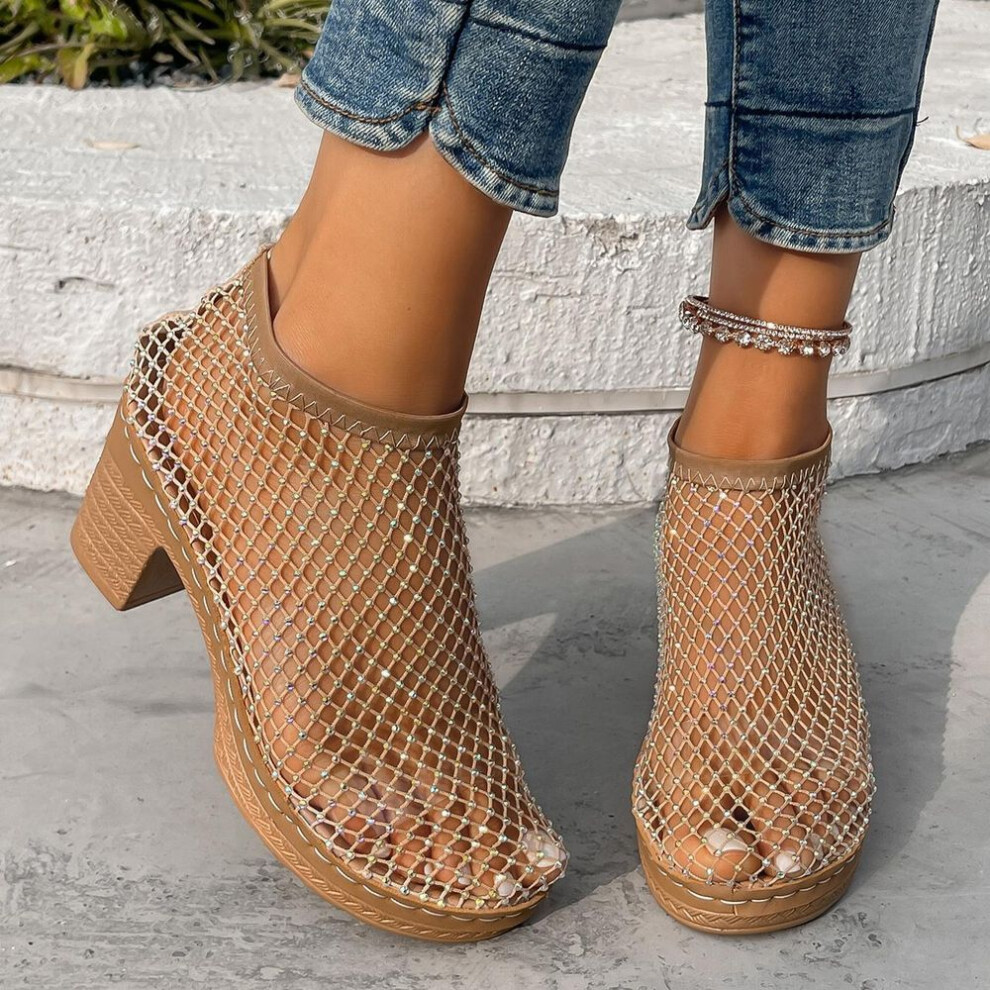 (gold, 43) New Hollowed Out Diamond Studded Fashionable High-heeled Sandals For Women, Sexy And Comfortable Fishing Net Single Shoes, Suitable For The Beach