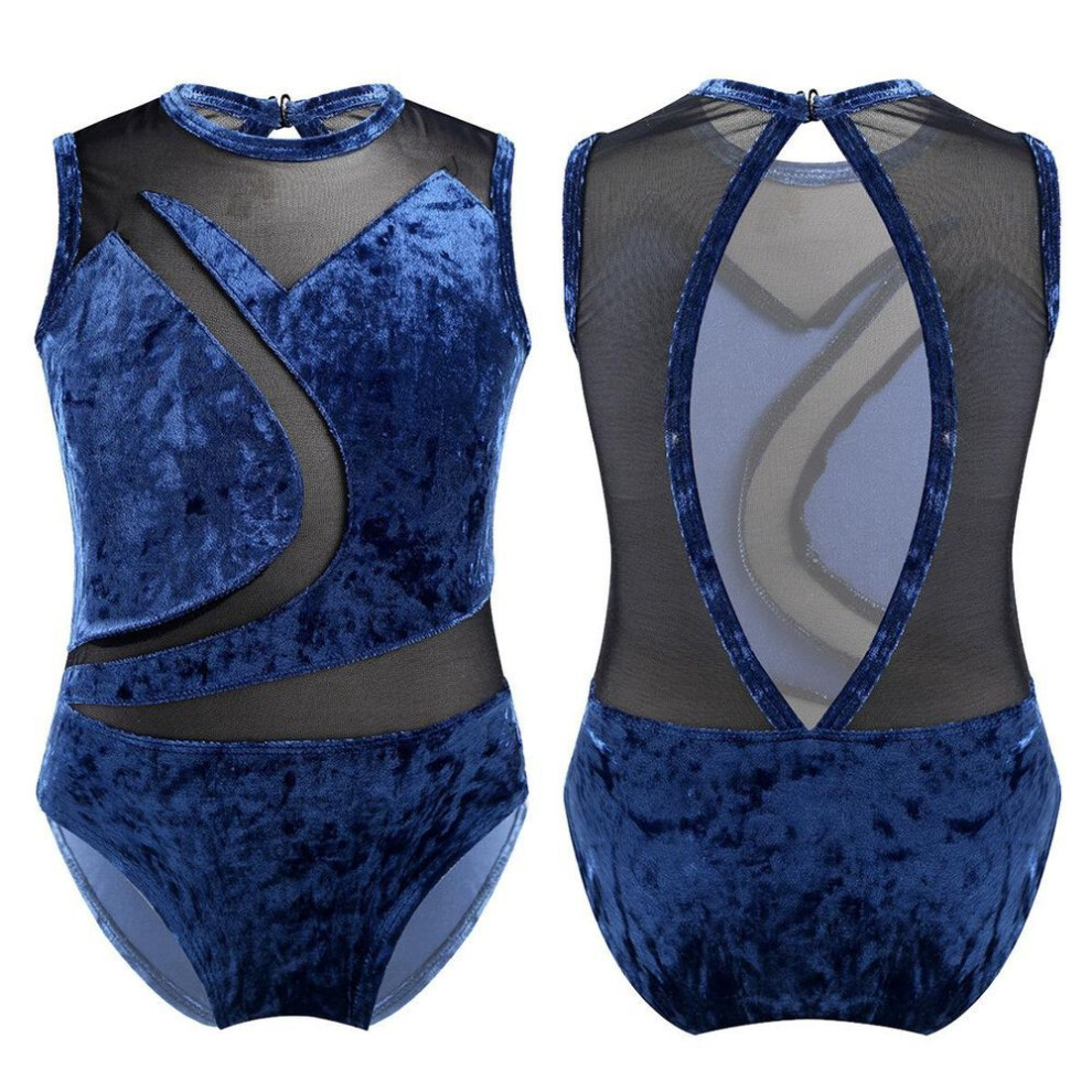 (navy blue, 8-10 Years) Sleeveless Cutout Back Mesh Splice Leotards Jumpsuit Kids Girls Dance Training Clothing