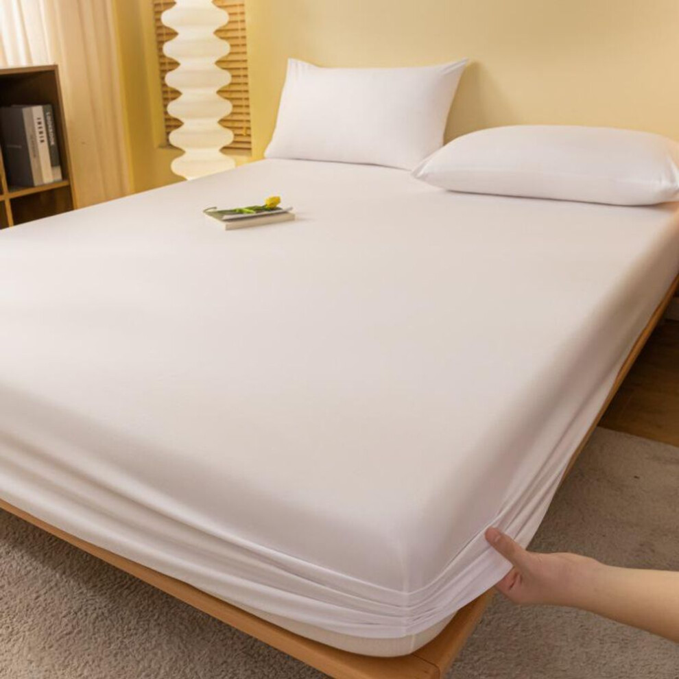 (pure white, 150×200cm Single Fitted Sheet) Solid Color Washed Cotton Bed Sheet Cover for Dorms - Single Piece Mattress Protector