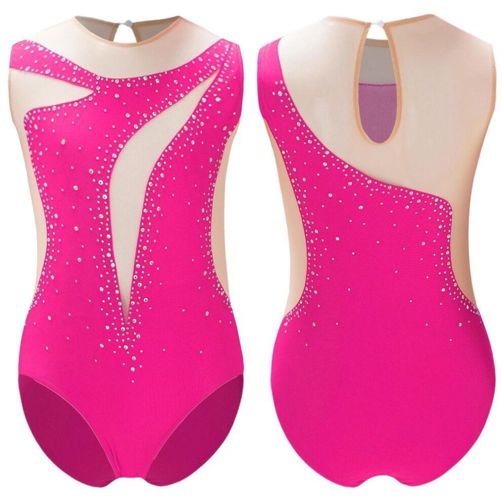 (hot pink, 5-6 Years) Kids Girls Gymnastics Leotard Ballet Tank Unitard Sleeveless Mesh Diamonds Workout Bodysuit Figure Skating Performance Clothes