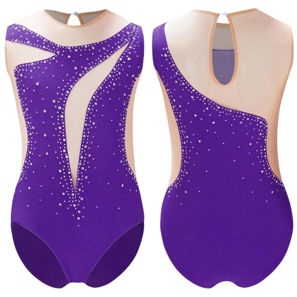 (purple, 9-10 Years) Kids Girls Gymnastics Leotard Ballet Tank Unitard Sleeveless Mesh Diamonds Workout Bodysuit Figure Skating Performance Clothes