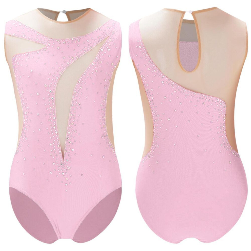 (pink, 5-6 Years) Kids Girls Gymnastics Leotard Ballet Tank Unitard Sleeveless Mesh Diamonds Workout Bodysuit Figure Skating Performance Clothes