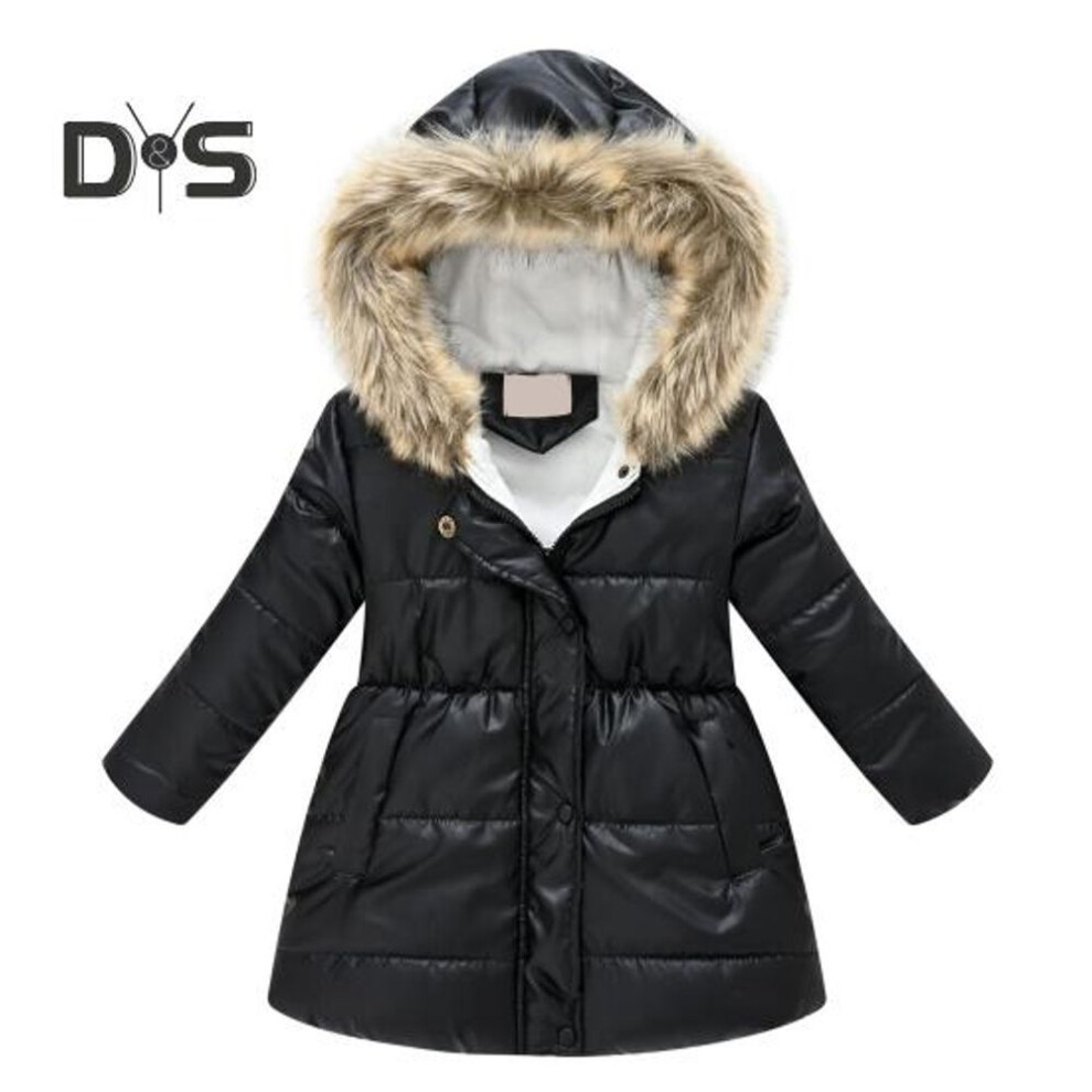 (black, 150CM) Kids Long Coat Winter Warm Parka Outerwear Metallic Shine Jacket With Fur Trim Hood Thickened Ski Coat For Boys Girls